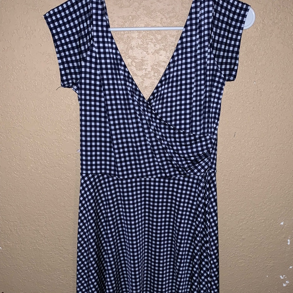 Checker Pattern Blue Knee Length Dress